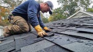 Dark roof streaks and moss visible on shingles beside a gutter and snow-covered roof edge